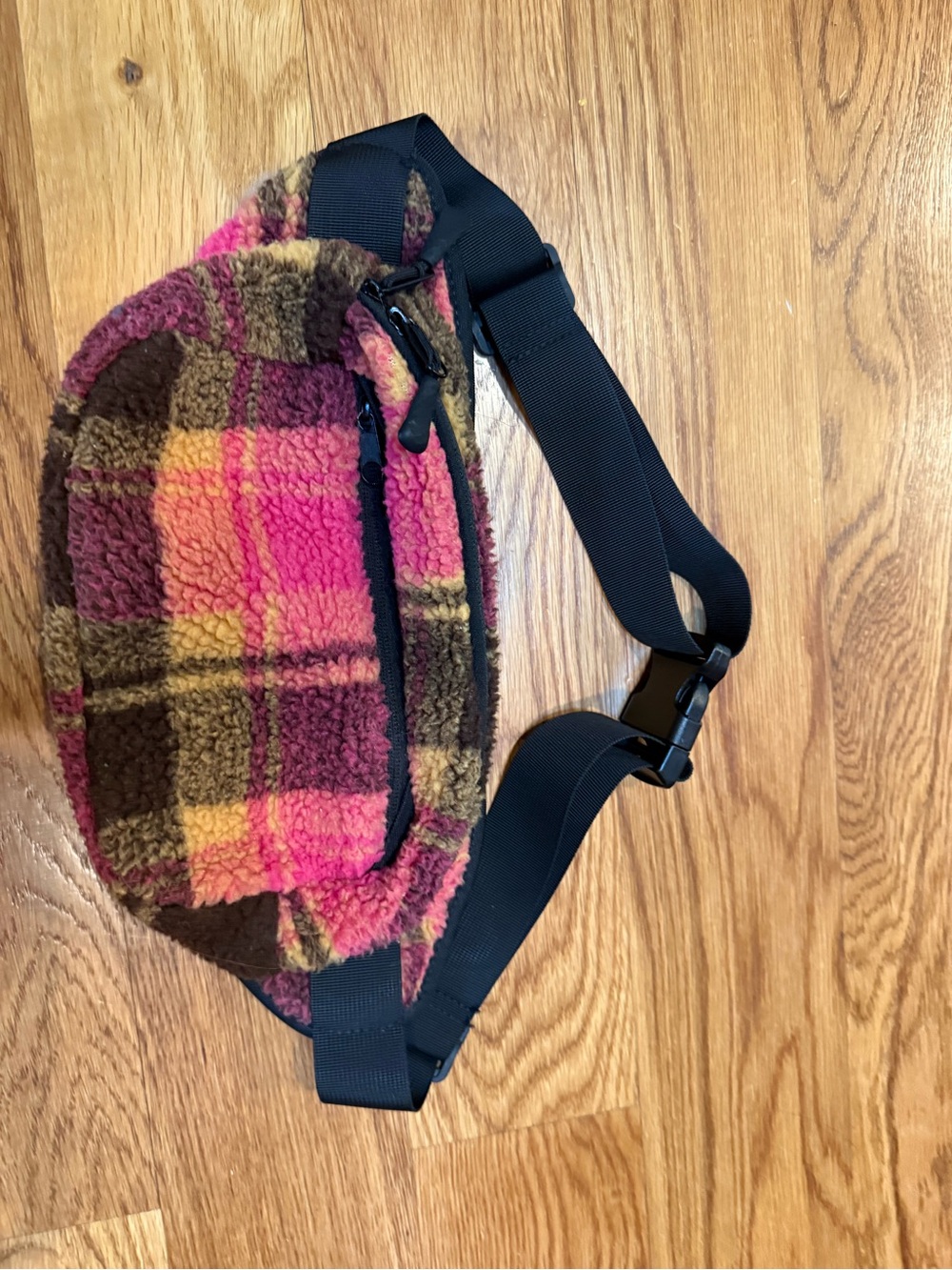Cozy Plaid Sherpa Waist Bag in Pink and Brown